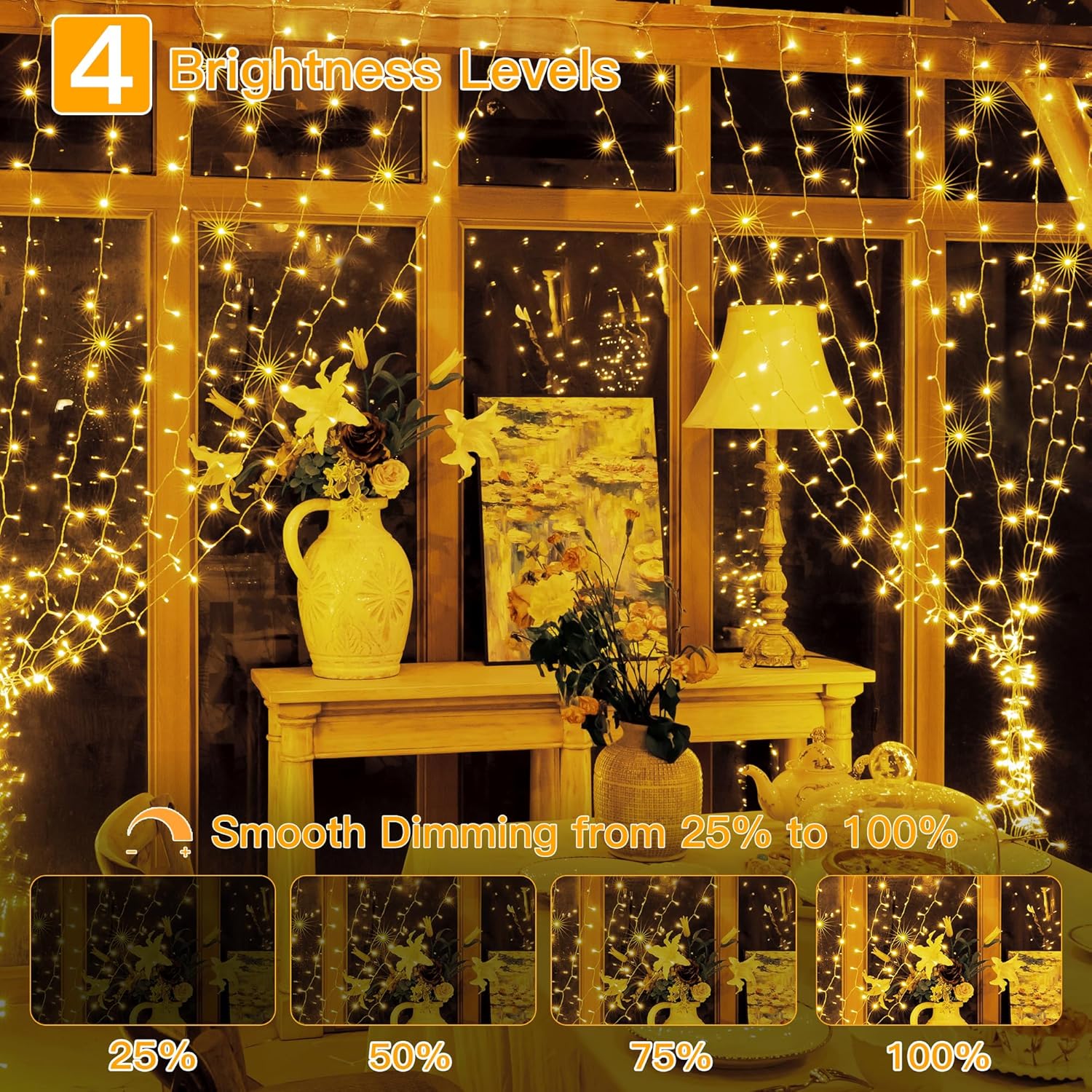 Ollny 200 LED Curtain Lights - 6.6x6.6ft Dimmable Fairy Lights with Remote & Timer | Warm White Indoor Decor