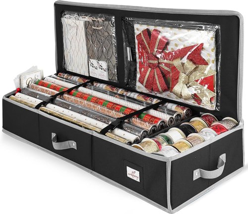 Hearth & Harbor Wrapping Paper Storage Container - Tear-Proof Organizer for 22 Rolls - Christmas Gift Bag with Pockets