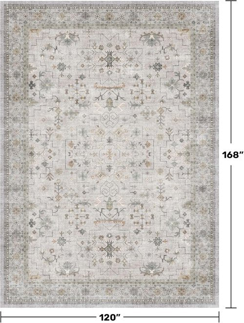Hazo Haus Boho Living Room Rug - Light Grey Floral Design, 10x14, Washable Low Pile, Non-Slip Extra Large Area Rug