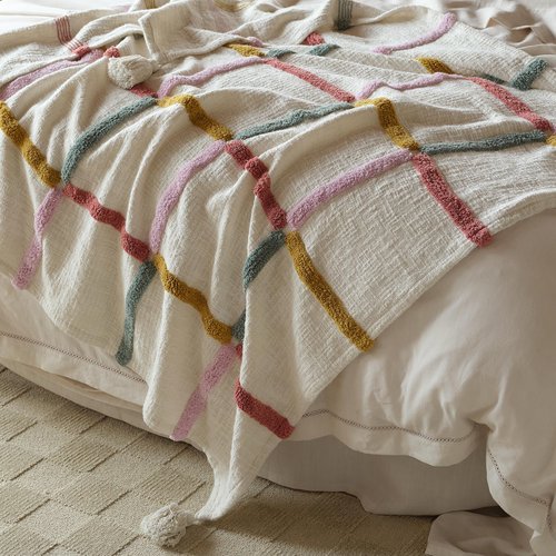 Double Stitch 100% Cotton Tufted Throw Blanket for Couch - Hand Crafted in India, Premium Decorative Blanket with Tassels, Soft and Warm Giftable Blanket, 50"x60", Multi