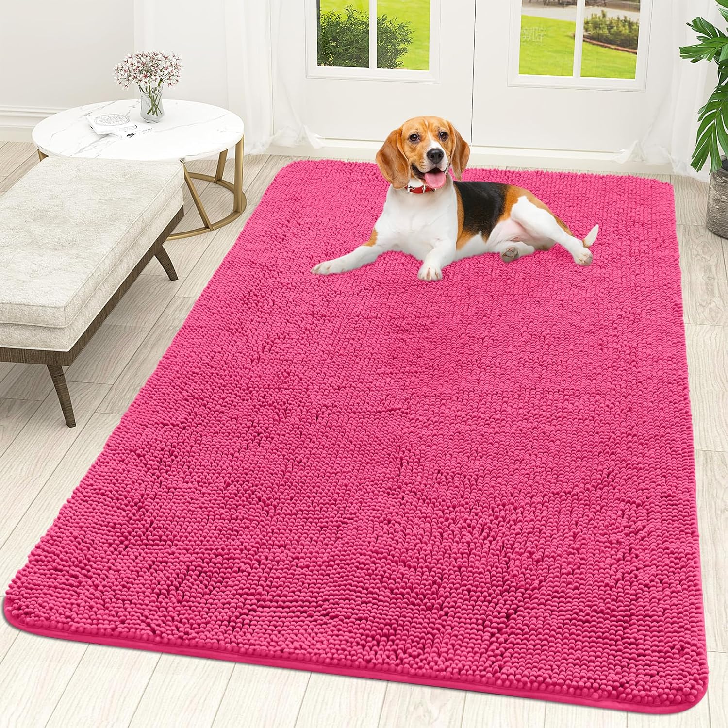 OLANLY Dog Door Mat - Absorbent Non-Slip Chenille Mat for Muddy Paws | 59x35 Inches, Hot Pink