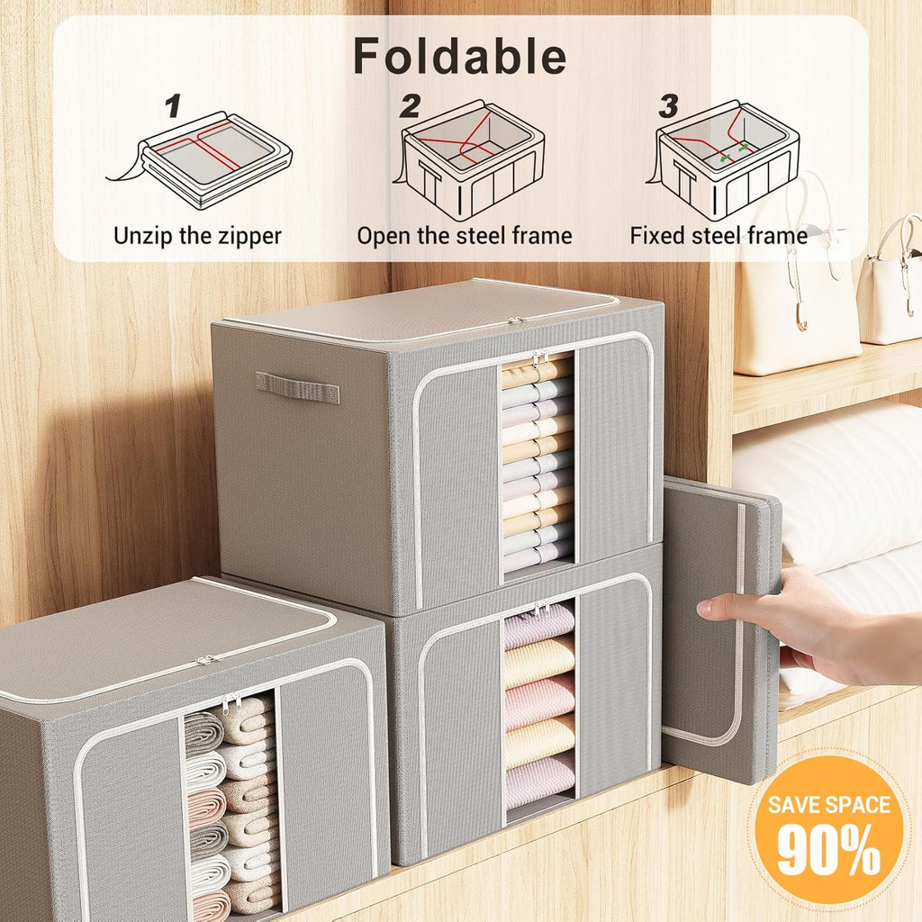 Skiennix Clothes Storage Bins - Foldable Organizers with Metal Frame | 66L, 3-Pack for Clothes & More