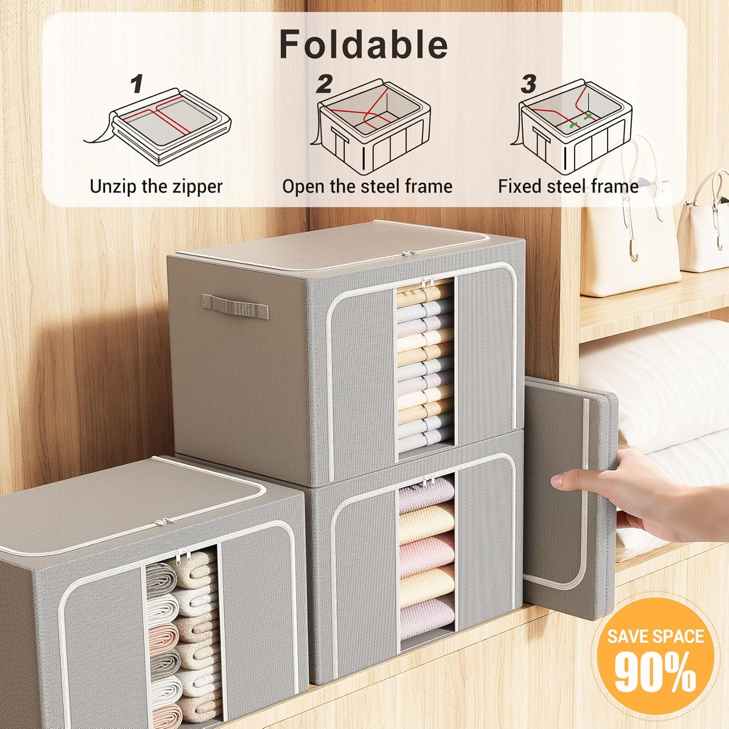 Skiennix Clothes Storage Bins - Foldable Organizers with Metal Frame | 66L, 3-Pack for Clothes & More