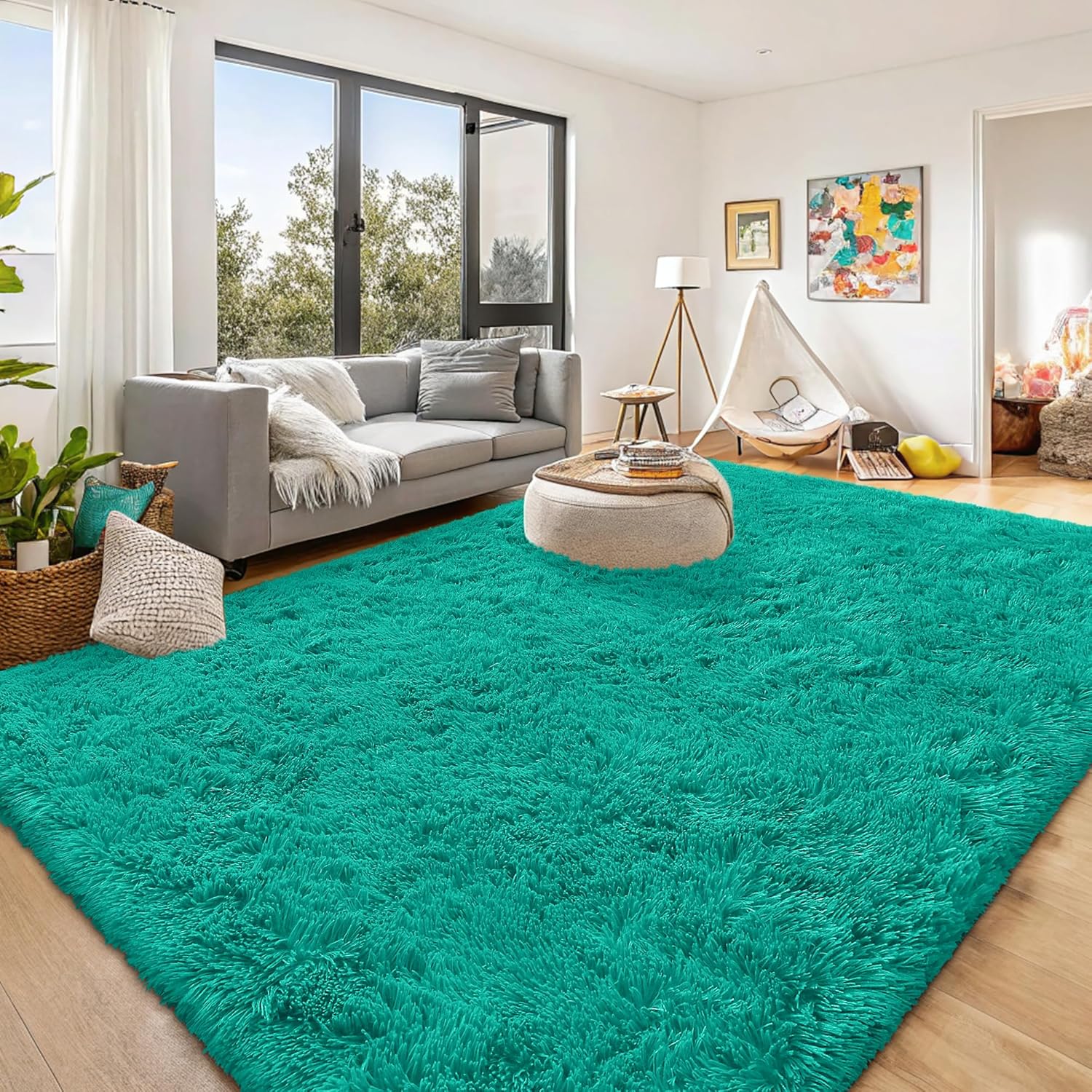 OLANLY Large Area Rug - Soft Fluffy Shaggy Carpet for Living Room & Bedroom | 8x10 Teal Green
