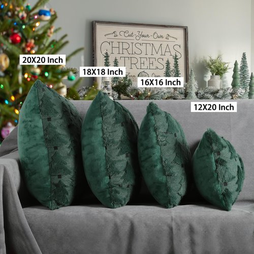 4TH Emotion Christmas Trees Decorative Pillow Covers 18x18 Set of 2, Green Soft Plush Faux Fur Farmhouse Throw Cushion Cases for Xmas Winter Holiday Home Decor