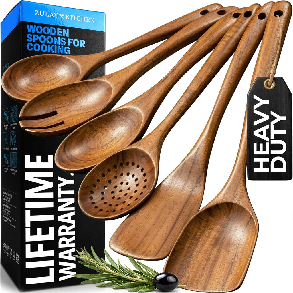 Zulay Kitchen Wooden Cooking Spoons Set - 6 Durable Teak Utensils with Comfort Grip, Easy to Clean