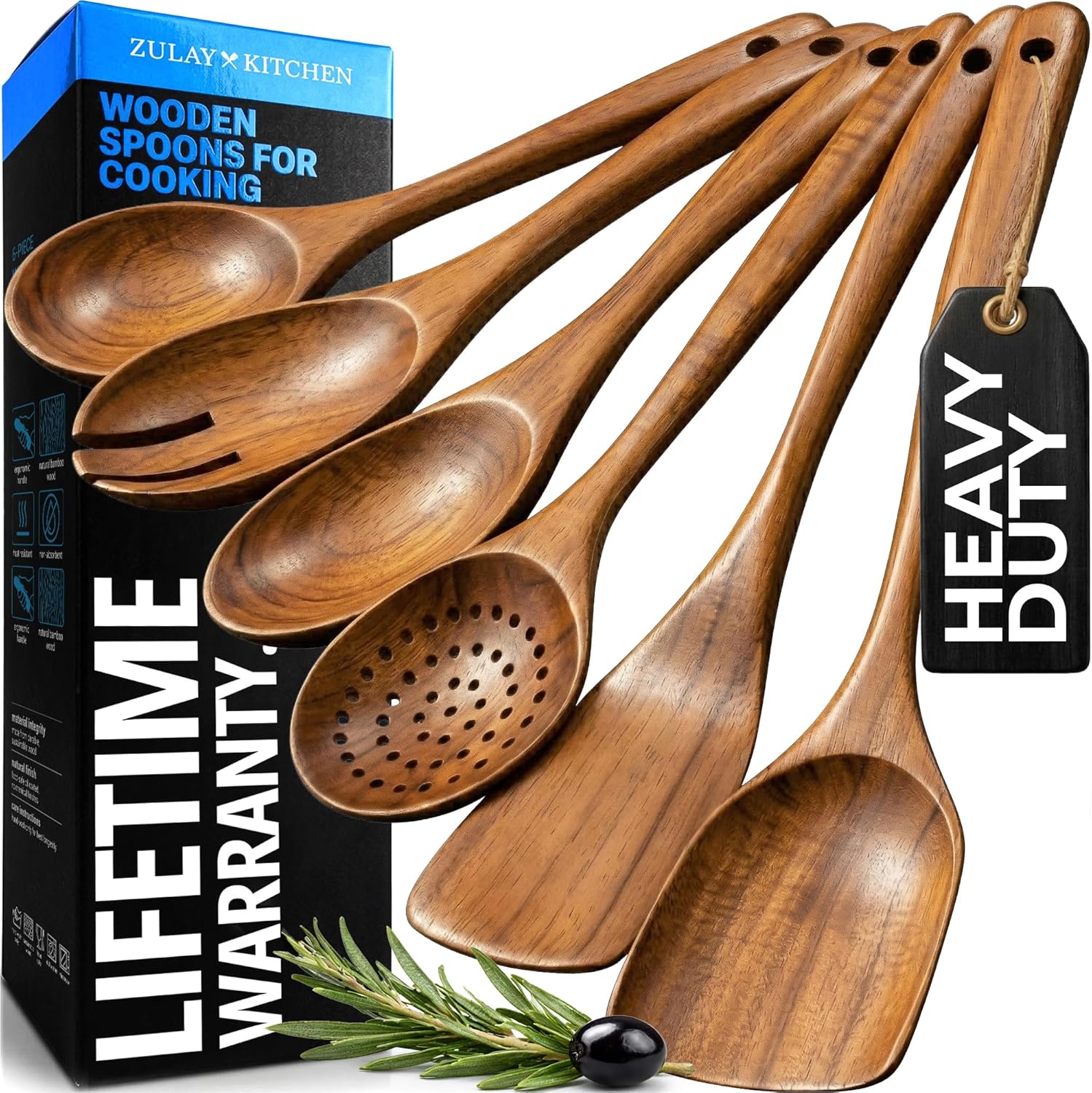 Zulay Kitchen Wooden Cooking Spoons Set - 6 Durable Teak Utensils with Comfort Grip, Easy to Clean