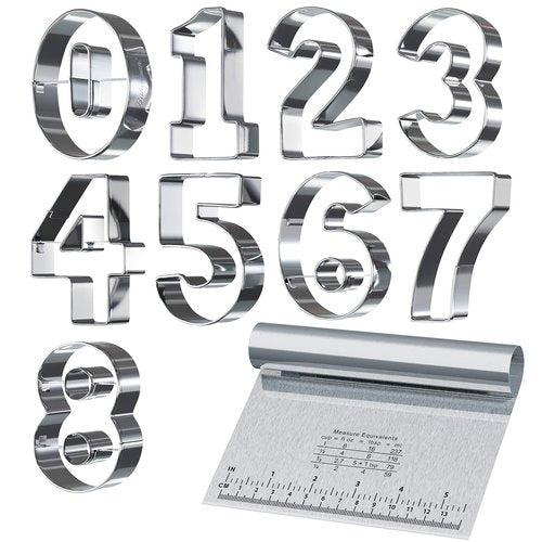 Bakerpan Stainless Steel Number Cookie Cutter Shapes, Set of 9 Large 3.5 Inch Numbers with Bonus Dough Cutter