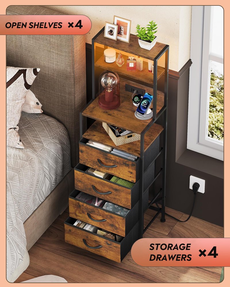 WLIVE Tall Nightstand with Charging Station, LED Night Stand with 4 Drawers and Storage Open Shelves, Fabric Dresser for Bedroom, Office, Rustic Brown