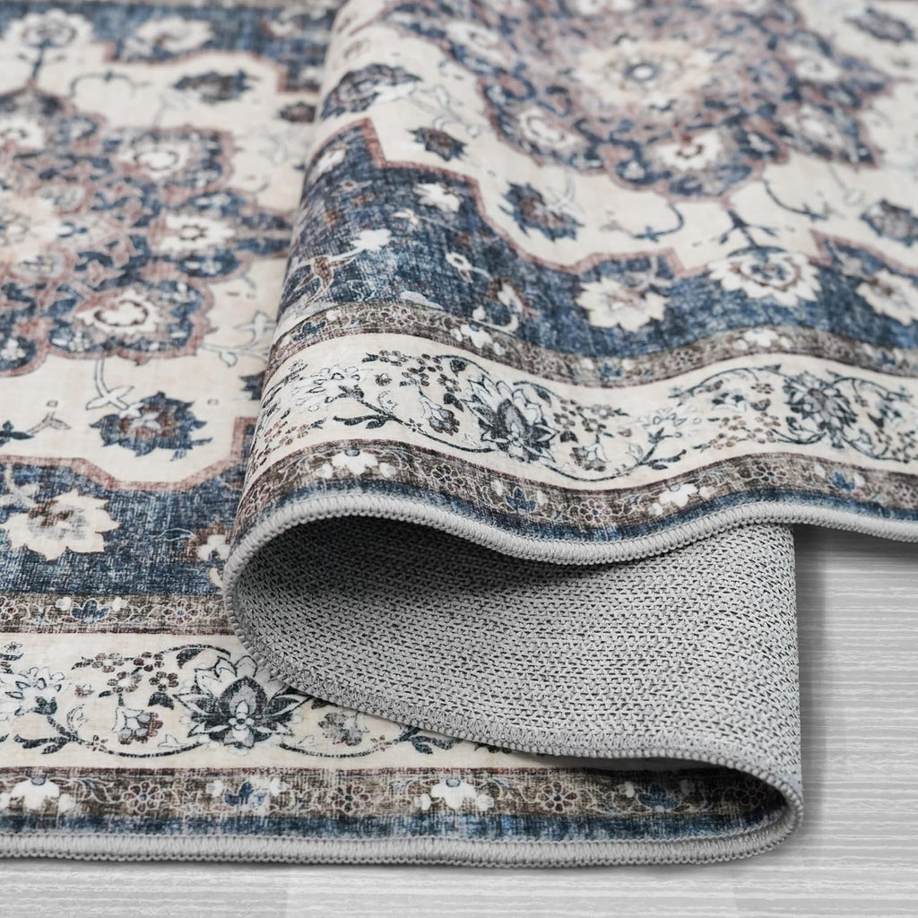 Regine Switzerland Washable 4x4 Square Area Rug - Ultra Thin Non-Slip Soft Carpet for Living Room | Stain Resistant Blue Mat
