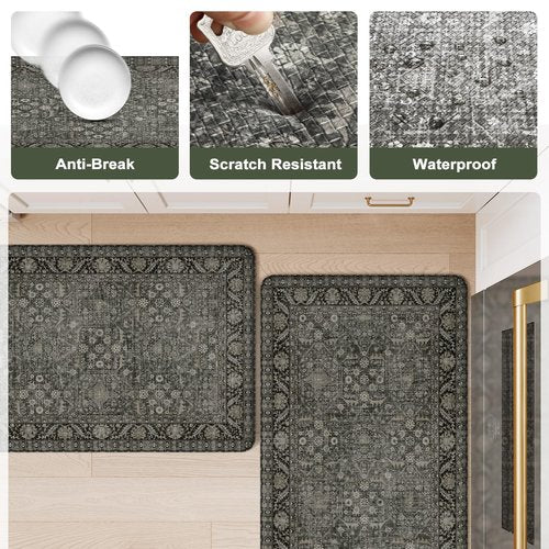 KIMODE Anti Fatigue Kitchen Mat, Cushioned Boho Distressed Kitchen Runner Rug, Non Slip Waterproof Kitchen Mat for Floor, Comfort Foam Standing Desk Mat for Laundry Office Sink Green/Grey 20"x39"