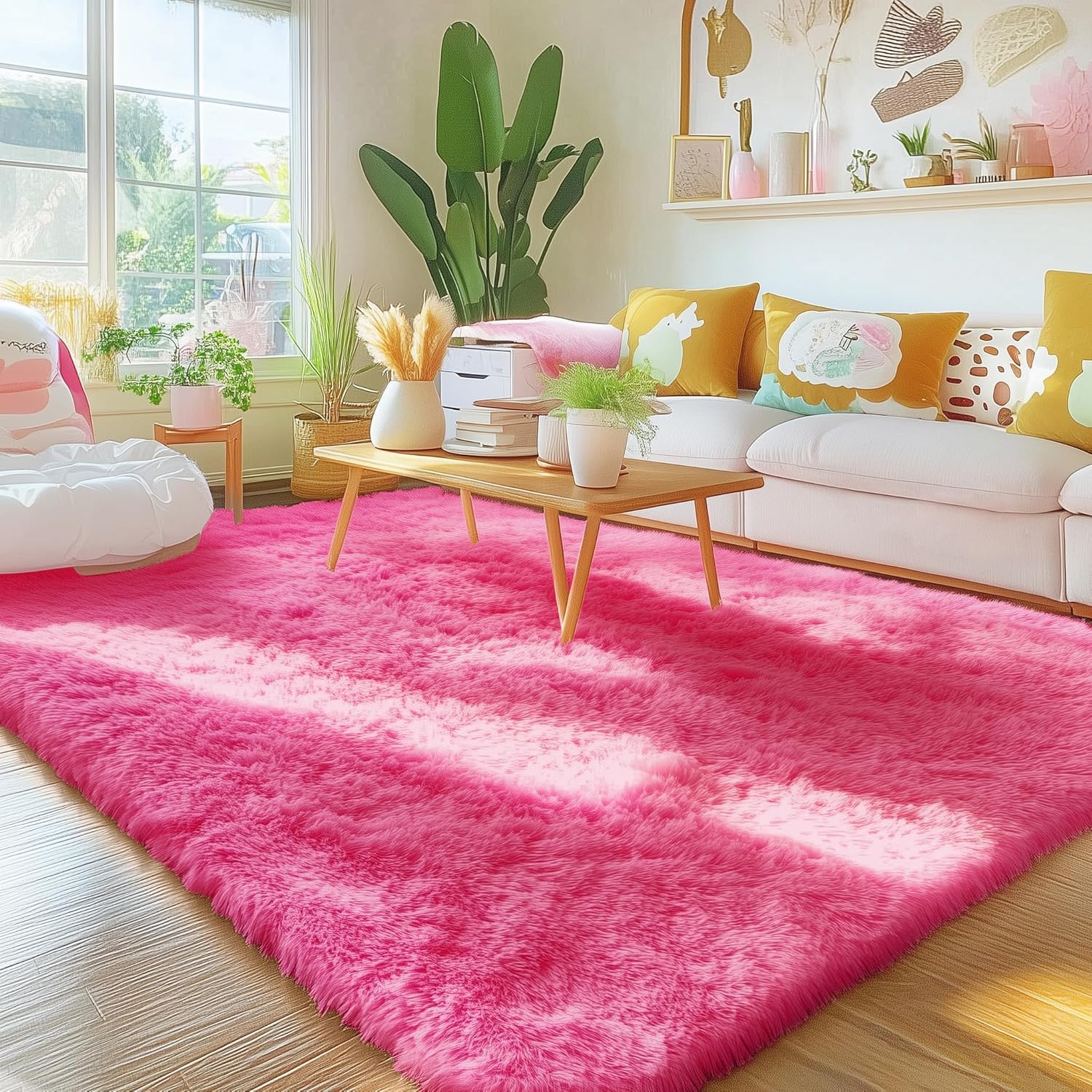 OLANLY Area Rug - Soft Fluffy Shaggy Carpet for Living Room & Bedroom | Machine Washable 4x5.9 ft - Hot Pink