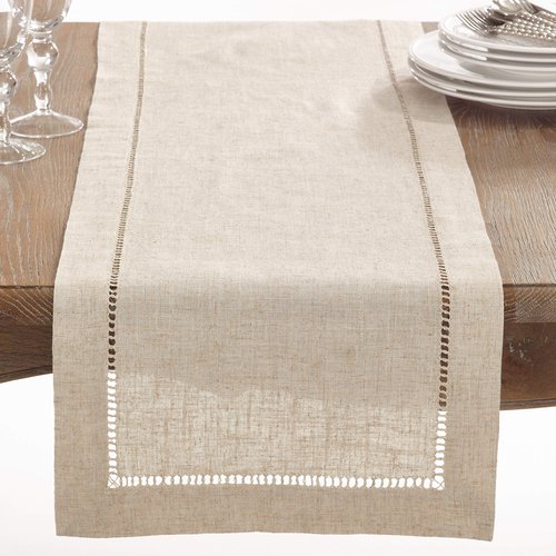 Saro Lifestyle Poly and Linen Blend Hemstitched Table Runner with Hemstitch Border, 16"x90", Natural