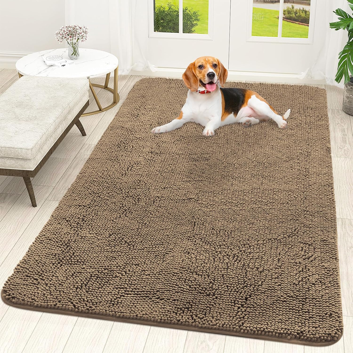 OLANLY Dog Door Mat - Absorbent Non-Slip Chenille Mat for Muddy Paws | 59x35 Tan Quick Dry Doormat