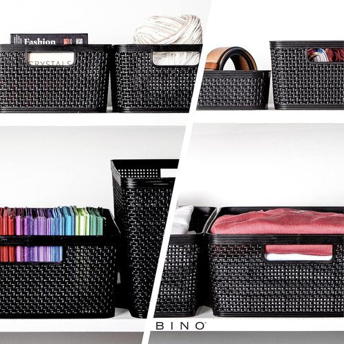 BINO Woven Plastic Basket - Medium Black, 4-Pack | Stylish Home Organization & Space-Saving Storage