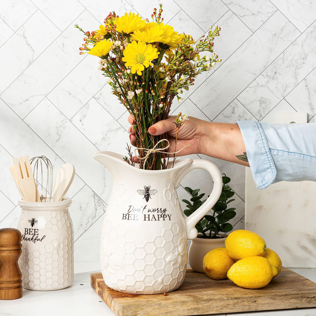 Young's Inc. Ceramic Water Pitcher - Large Serving Pitcher for Iced Tea, Coffee, and Cold Drinks - Ideal for Family Gatherings, Dinner Parties, and Brunches - 9" x 9" x 10" - Don't Worry Bee Happy