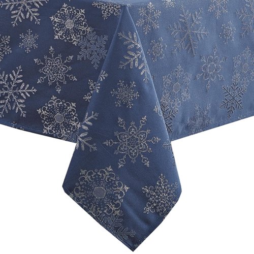 Newbridge Fancy Metallic Snowflake Christmas Fabric Tablecloth, 60 x 144 Inch Rectangle, Navy Silver, No-Iron Soil Resistant Sparkling Snowflakes Woven Holiday Table Cover