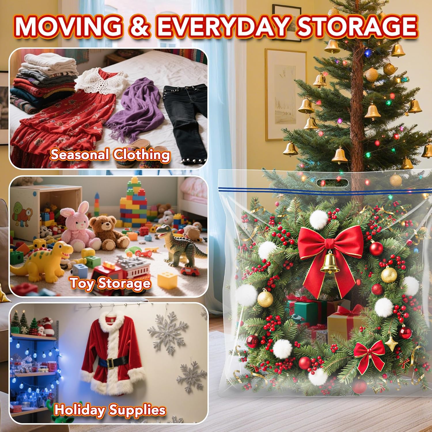Skiennix Extra Large Clear Wreath Storage Bag - Durable Plastic with Handle | 34"x34"x8.5" | 4 Pack for Holiday Decor & Bedding
