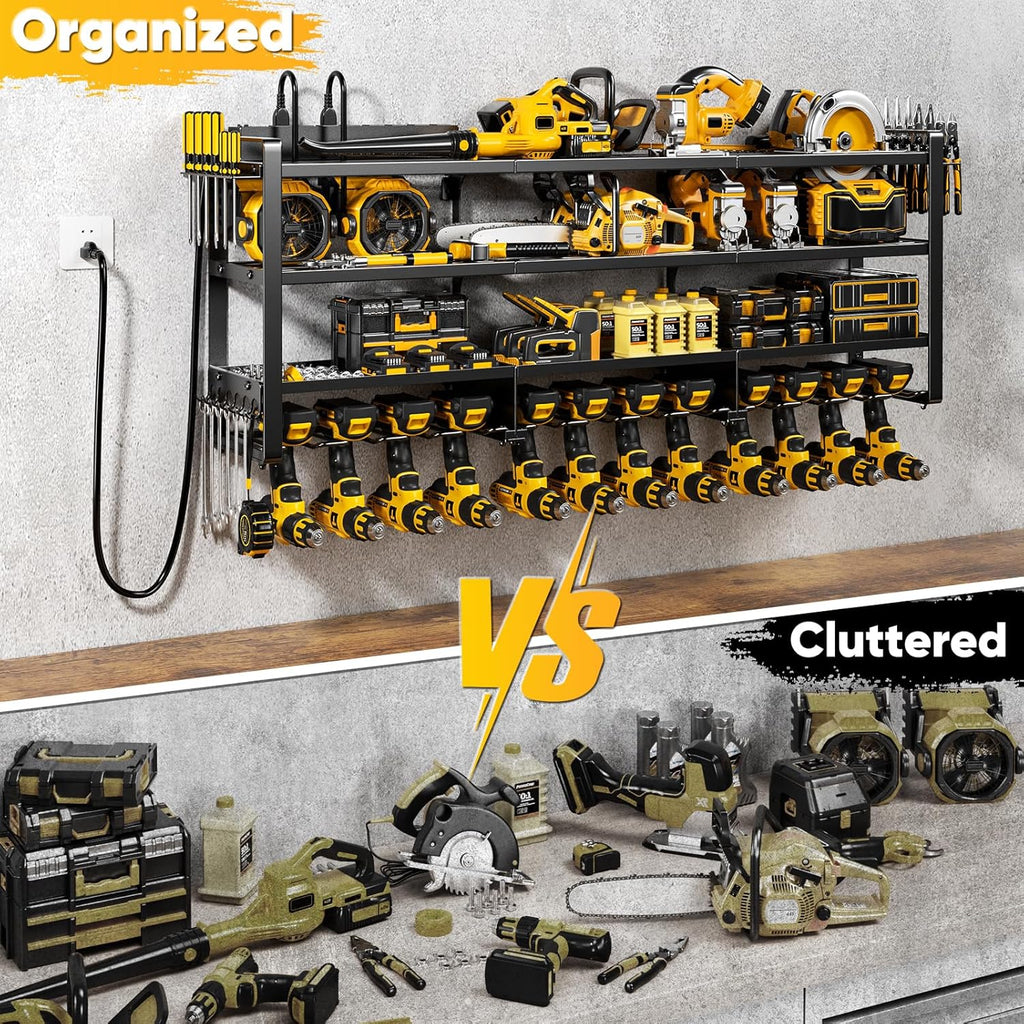 POKIPO Power Tool Organizer - 49.5" Wall Mount with Charging Station & 8 Outlet Power Strip | Heavy Duty 4 Tier Storage for 12 Cordless Drills