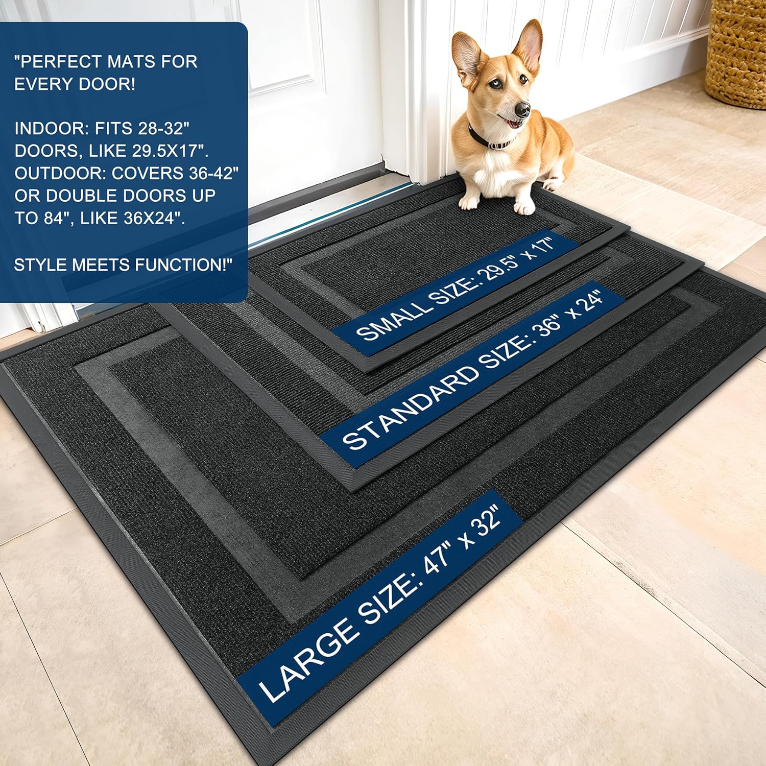 OLANLY Chenille Dog Door Mat - Indoor/Outdoor Entrance Mat Bundle | Grey 30x20 in & Black 29.5x17 in