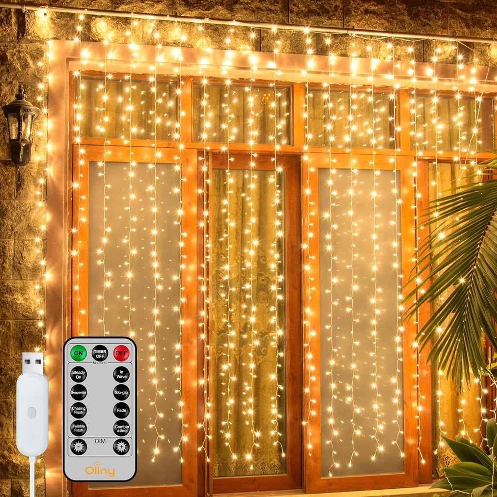 Ollny 200 LED Curtain Lights - 6.6x6.6ft Dimmable Fairy Lights with Remote & Timer | Warm White Indoor Decor