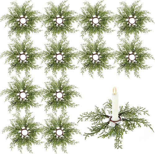 Canlierr Christmas Pine Taper Candle Rings - 12 Pack Mini Pine Holders for Holiday Decor | 1.38 Inch