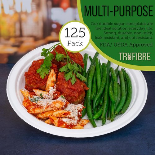 Compostable Bagasse Food Containers - 9" Disposable Paper Plates | Microwave Safe for Parties - 125 Pack