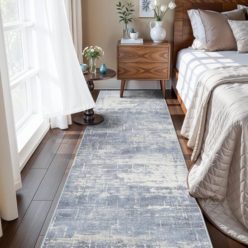 **Hallway 2x10 Washable Runner Rug - Abstract Design | Stain Resistant Non-Slip Area Rug in Blue/Ivory**