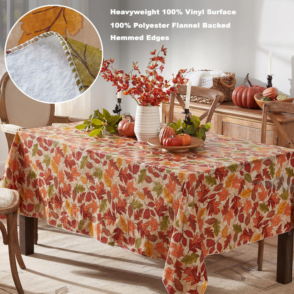 Newbridge Thanksgiving Leaves are Falling Vinyl Tablecloth with Flannel Backing Fall Season Contemporary Leaf Design, 60 x 84 Inch Rectangle Table Cover