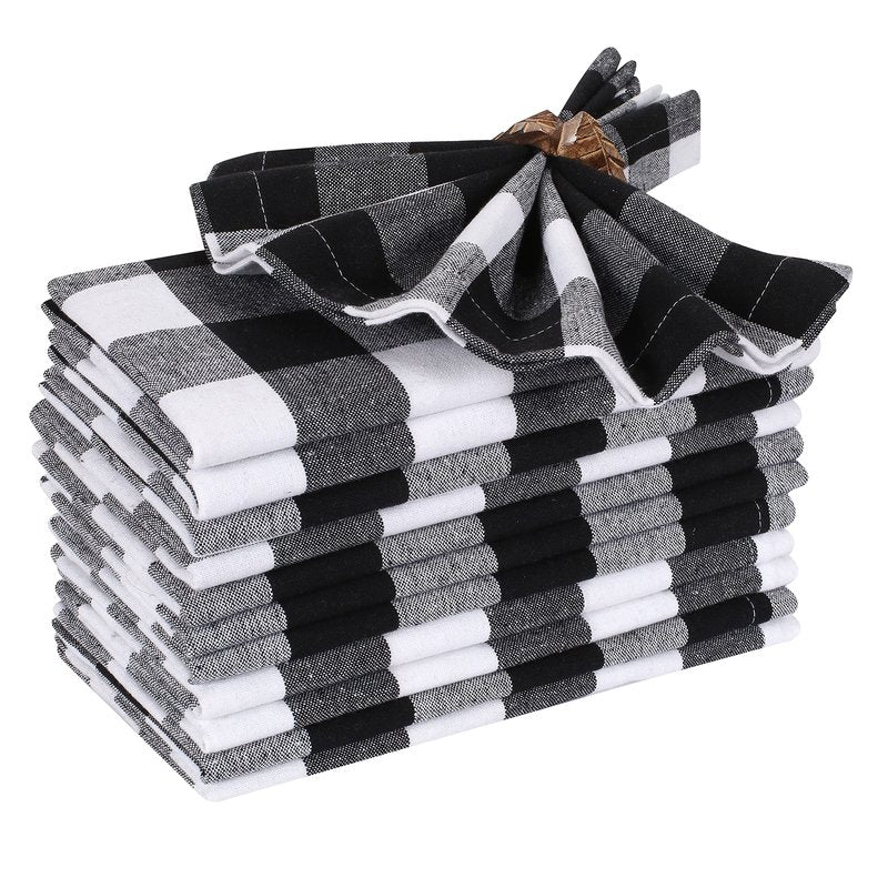 Ramanta Home Cloth Napkins Set of 12 Black White 18x18 Inches, Gingham Plaid Check Cloth Dinner Napkins for Spring Basket Decor, Easter, Kitchen | Washable Cotton Durable Table Linen for Everyday Use