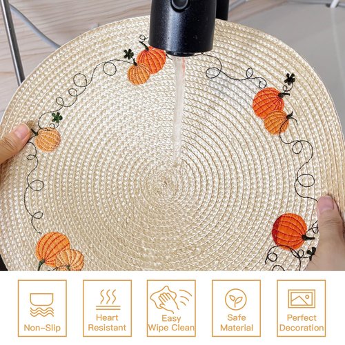 Feuille Round Fall Placemats Set of 4 PP Pumpkin Placemats for Dining Table Thanksgiving Harvest Placemats Perfect for Autumn Decorations