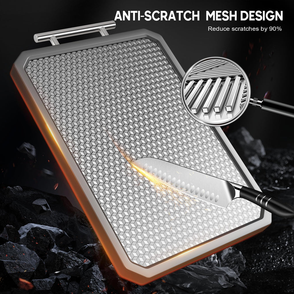 Stainless Steel Cutting Board,Double Sided Chopping Board for Kitchen,Scratch Resistant Mesh Design,Anti-Slip Silicone Edges(Grey,16"*12")