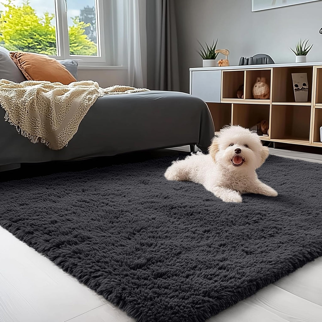 OLANLY 4x4 Soft Fluffy Shaggy Accent Rug - Machine Washable Indoor Carpet for Bedroom & Nursery | Black