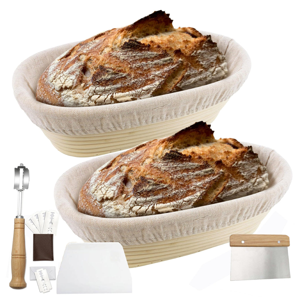 2 Pack 10 Inch Oval Bread Proofing Basket for Sourdough Bread - Bread Basket Baking Bowl With Bread Lame & 5 Blades,Metal & Plastic Scraper and Liner Cloth Banneton Proofing Basket for Home Bakers