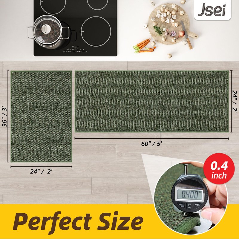 JSEI Kitchen Rugs and Mats, 2PCS Non-Slip Kitchen Mats for Floor, Machine Washable Absorbent and Stain Resistant Kitchen Runner, Carpet Mats with TPR Backing for, 24''x36''+24''x60'', Green