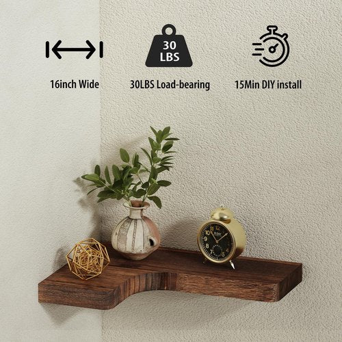 SAUMONIERES Corner Floating Shelves Wall Mount Shelf Solid Wood for Bedroom Bathroom Room Kitchen Storage Set of 3, Rustic Brown, Invisible Brackets