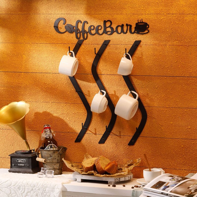 Peryiter Coffee Cup Holder Coffee Mug Wall Rack Mounted with Bar Shelf Curve Metal Cup Rack Wall Hanging Holder with 9 Hooks for Kitchen Bar Office Corner Station Decor Display