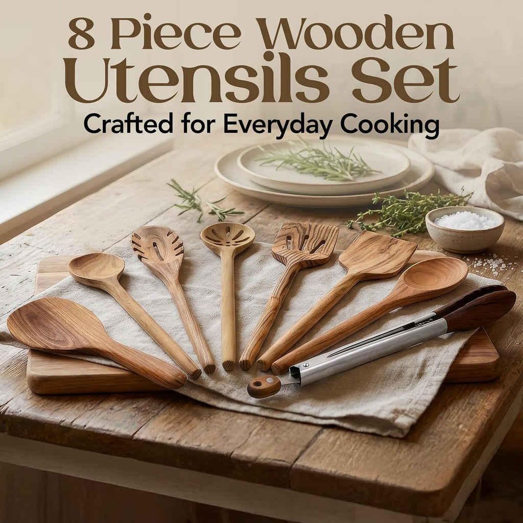 Skiennix 8-Piece Teak Wooden Cooking Spoons Set | Smooth-Sanded Utensils with Comfortable Grip Handles