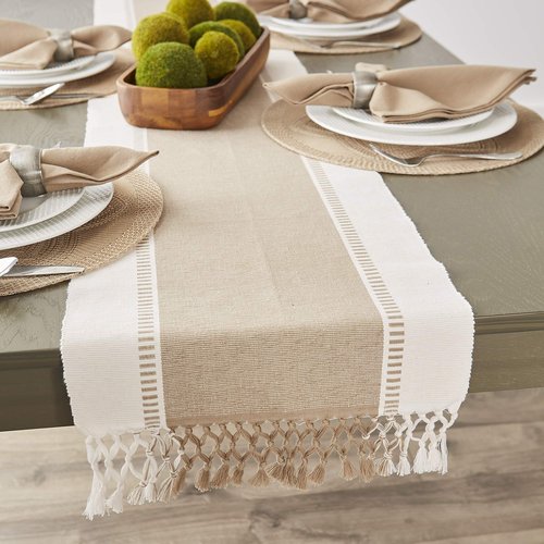 DII Dobby Stripe Woven Table Runner, 13x108 (13x113.5, Fringe Included), Stone