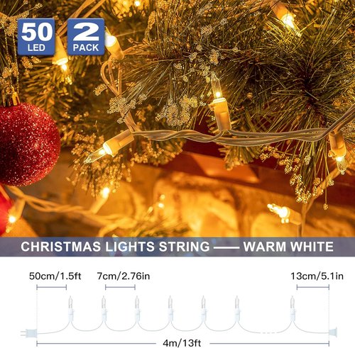 Hopolon Mini String Lights - 50-Count Clear Christmas Lights with White Wire | Warm White for Holiday Decor