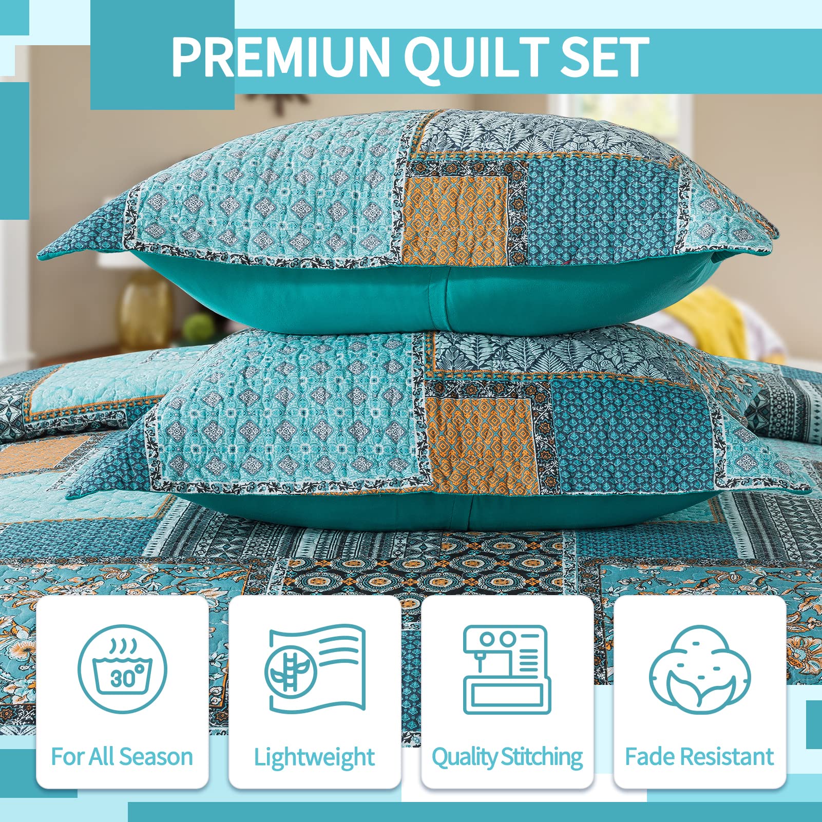 VAPUTAR Cotton Quilt Queen Size Bedding Set - 3 Pieces Queen Quilt Bedding Set, Boho Queen Size Quilts, Lightweight Reversible Coverlets Bedspreads for Farmhouse Bedroom