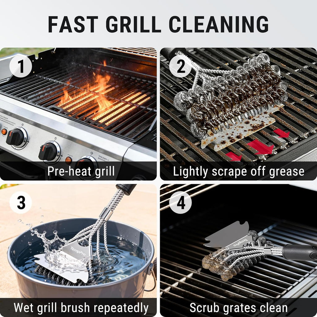 TempPro BBQ Grill Brush - Bristle-Free Stainless Steel Cleaner with Wide Scraper | Safe All-Grate Accessory