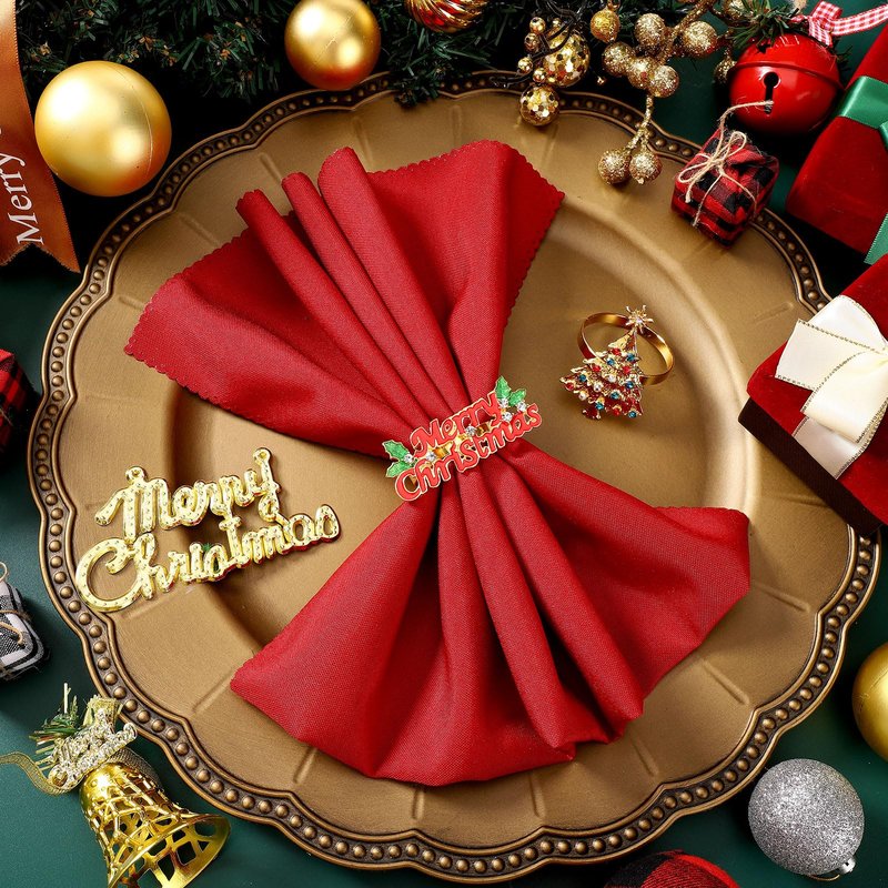 Sliner 24 Pcs Christmas Napkins and Ring Set 12 Pcs Red Washable Christmas Napkins Cloth and 12 Pcs Xmas Napkin Rings Holder for Holiday Dinner Party(Metal,Letter, Christmas tree)