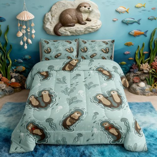 Manfei Cartoon Otters Boys Comforter Set Twin Size,Seaweed Jellyfish Sea Animals Bedding Set 2pcs for Kids Teens Home Room Decor,Ocean Lake Girly Quilt Set,Kawaii Teal Duvet Insert,1 Pillowcase