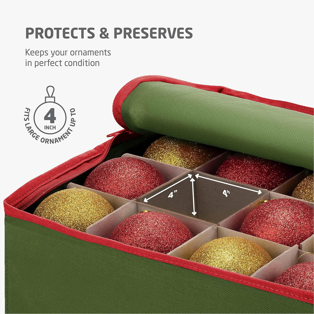 ZOBER Large Christmas Ornament Storage Box - Holds 54 4" Ornaments with Dividers - Durable Green Organizer