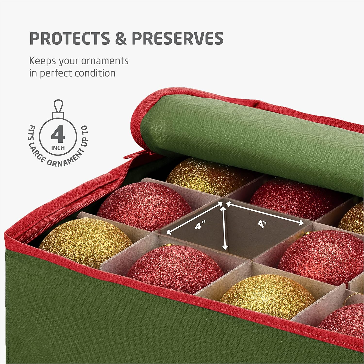 ZOBER Large Christmas Ornament Storage Box - Holds 54 4" Ornaments with Dividers - Durable Green Organizer