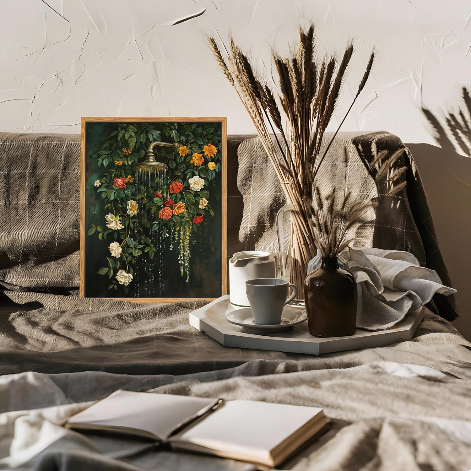 Skiennix Floating Framed Floral Shower Wall Art - Vintage Botanical Canvas Print | Romantic Garden Roses 12x16 Inch