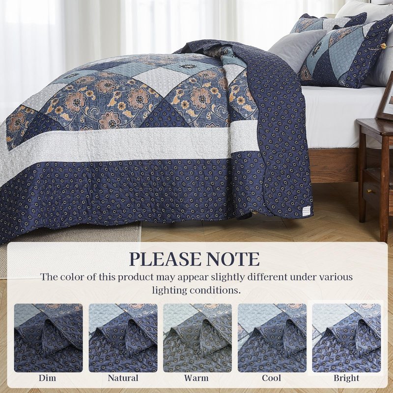 ENJOHOS Alaska King Quilts 132x120, 3 Pcs Blue Plaid Floral Oversized King Quilt, Extra Wide Patchwork Bedspread Coverlet Set for All Seasons, Reversible Bedding Set