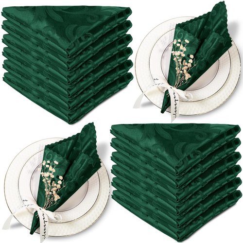 Aormenzy 50 Pack Hunter Green Satin Napkins 17 x 17 Inches Cloth Napkins Jacquard Satin Napkins Scalloped Silky Napkins Square Brocade Napkins for Wedding,Banquet,Party Decoration, JX202401310010