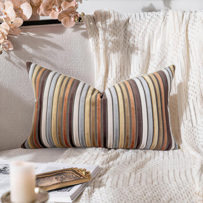 PANOD Modern Long Lumbar Throw Pillow Cover 14 x 24,Luxury Soft Velvet Pile Long Lumbar Throw Pillow for Bed Sofa Couch Livingroom Farmhouse,Yellow and Brown Decorative Boho Long Lumbar Pillow Case